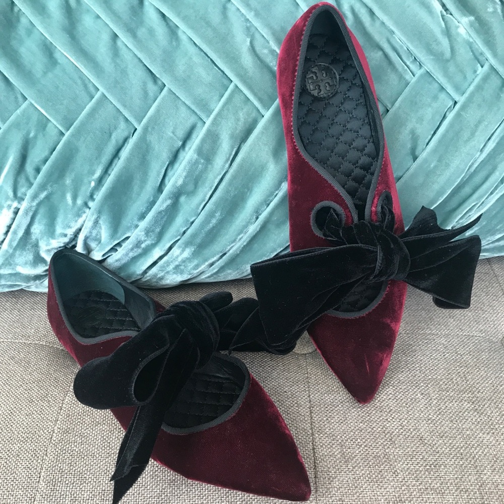 Tory Burch Burgundy Velvet Pointed Flats with Black Velvet Bow